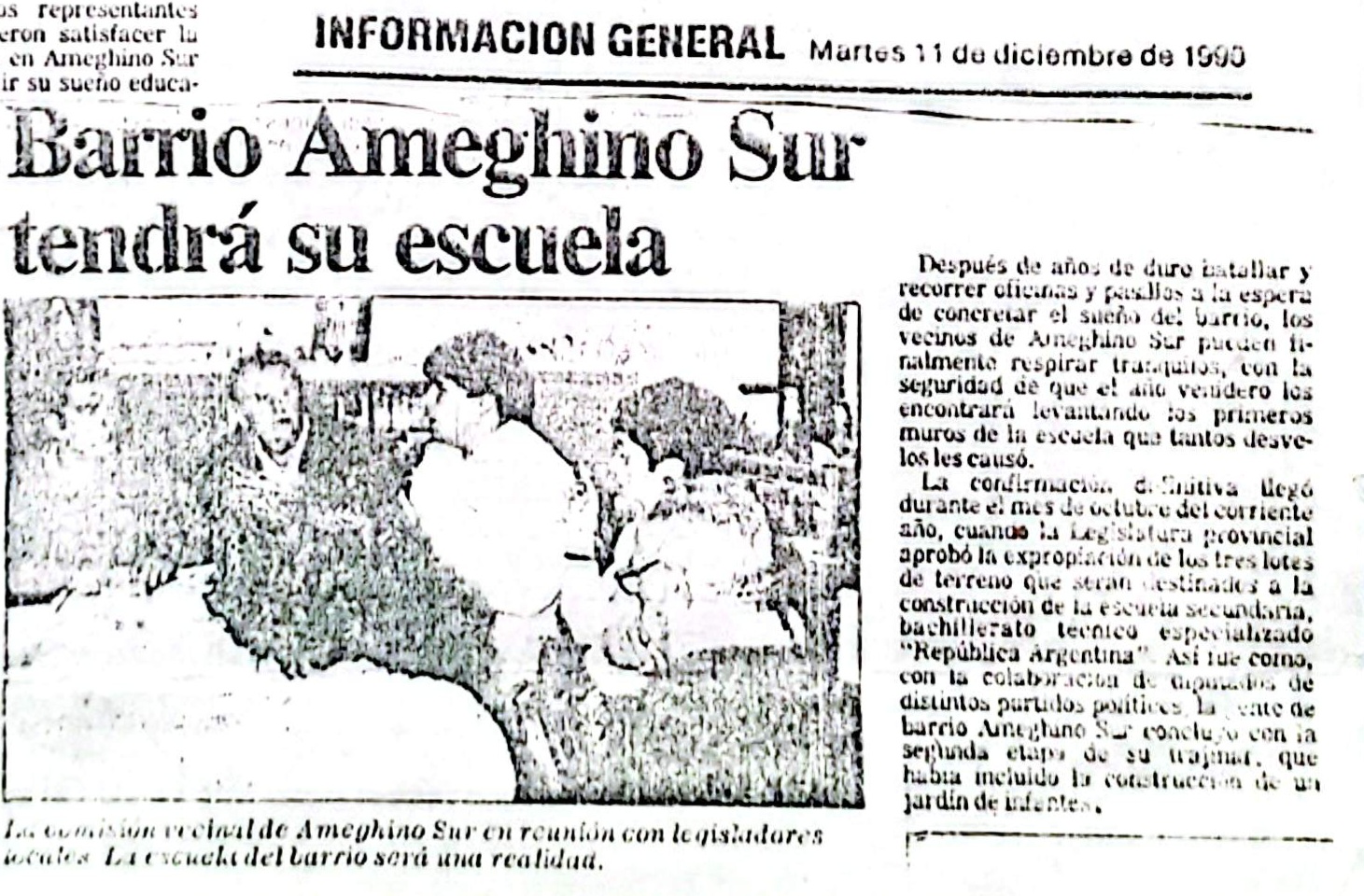 Recorte periodístico — Barrio Ameghino Sur tendrá su escuela, 11 de diciembre de 1990