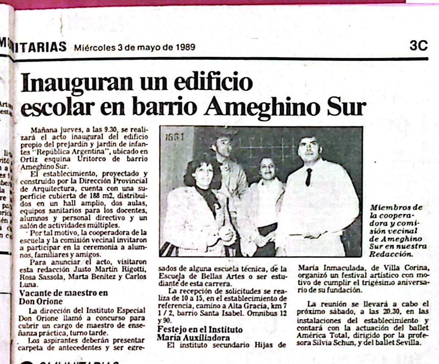 Recorte periodístico — Inauguran un edificio escolar en barrio Ameghino Sur, 3 de mayo de 1989