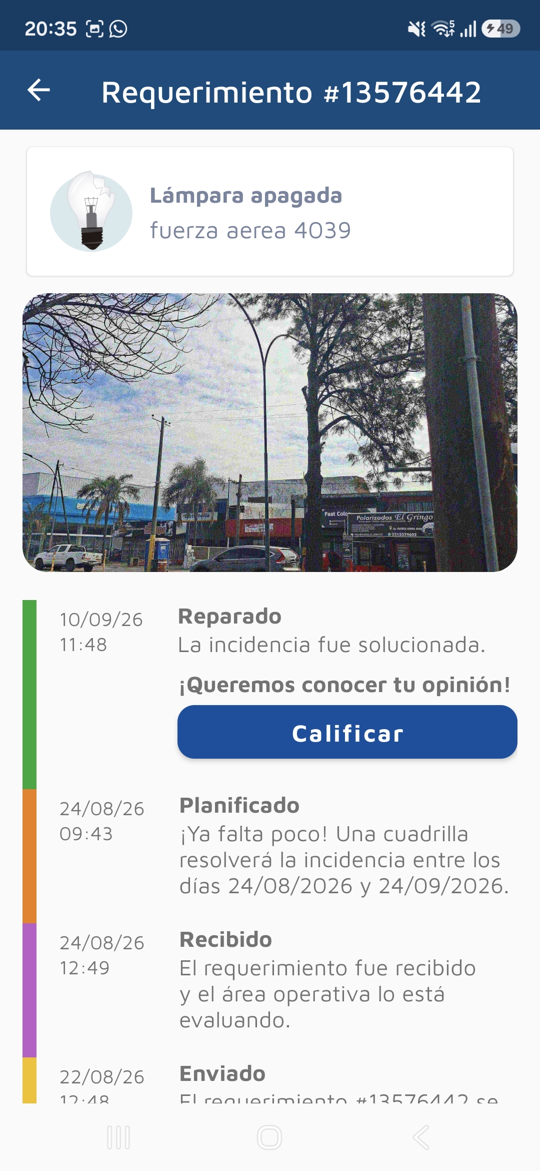 Captura del requerimiento Nº 13576442 en la app municipal, Av. Fuerza Aérea Argentina 4039