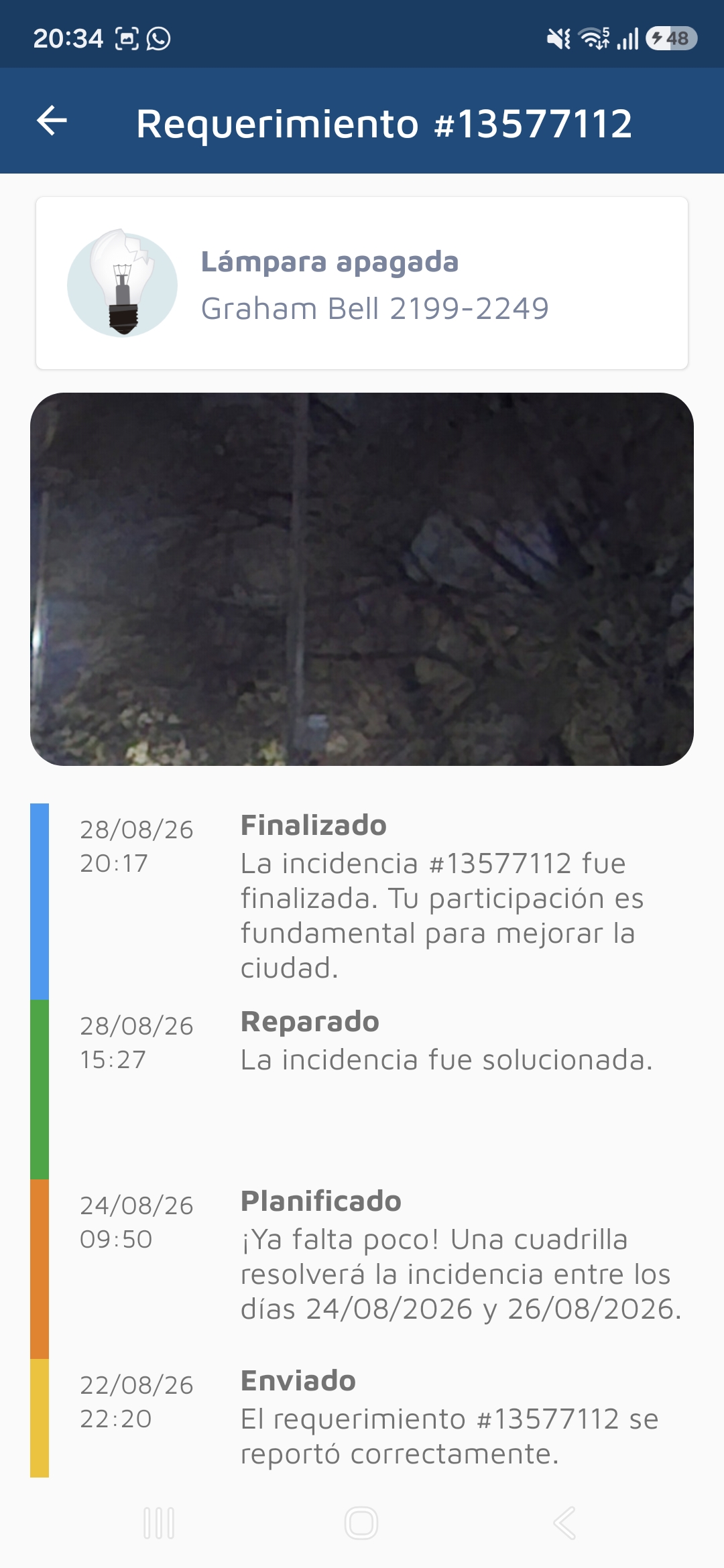 Captura del requerimiento Nº 13577112 en la app municipal, Graham Bell 2199-2249
