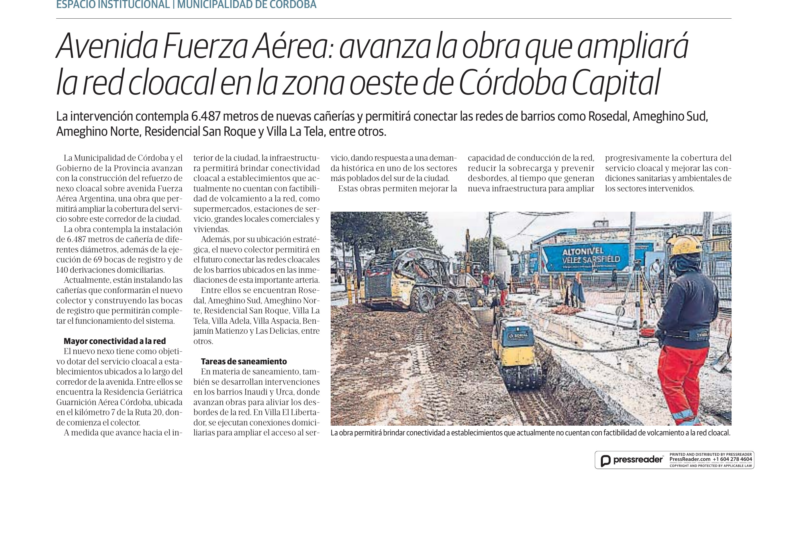 Recorte de La Voz del Interior sobre el avance de la obra del Nexo Cloacal en Av. Fuerza Aérea, 27 de agosto de 2026