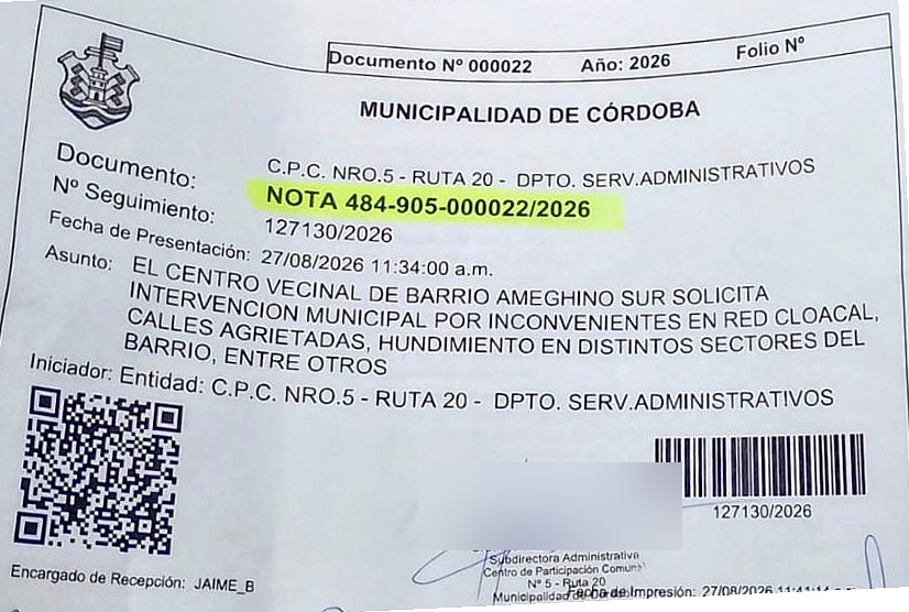 Comprobante de recepción de la nota presentada ante la Municipalidad de Córdoba, CPC Nº 5 - Ruta 20